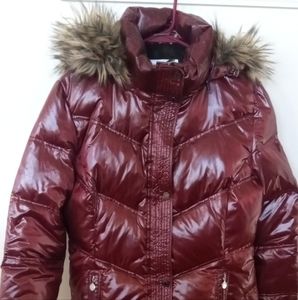 Calvin Klein Puffer Jacket, Wine Color w/ Faux Fur Hood